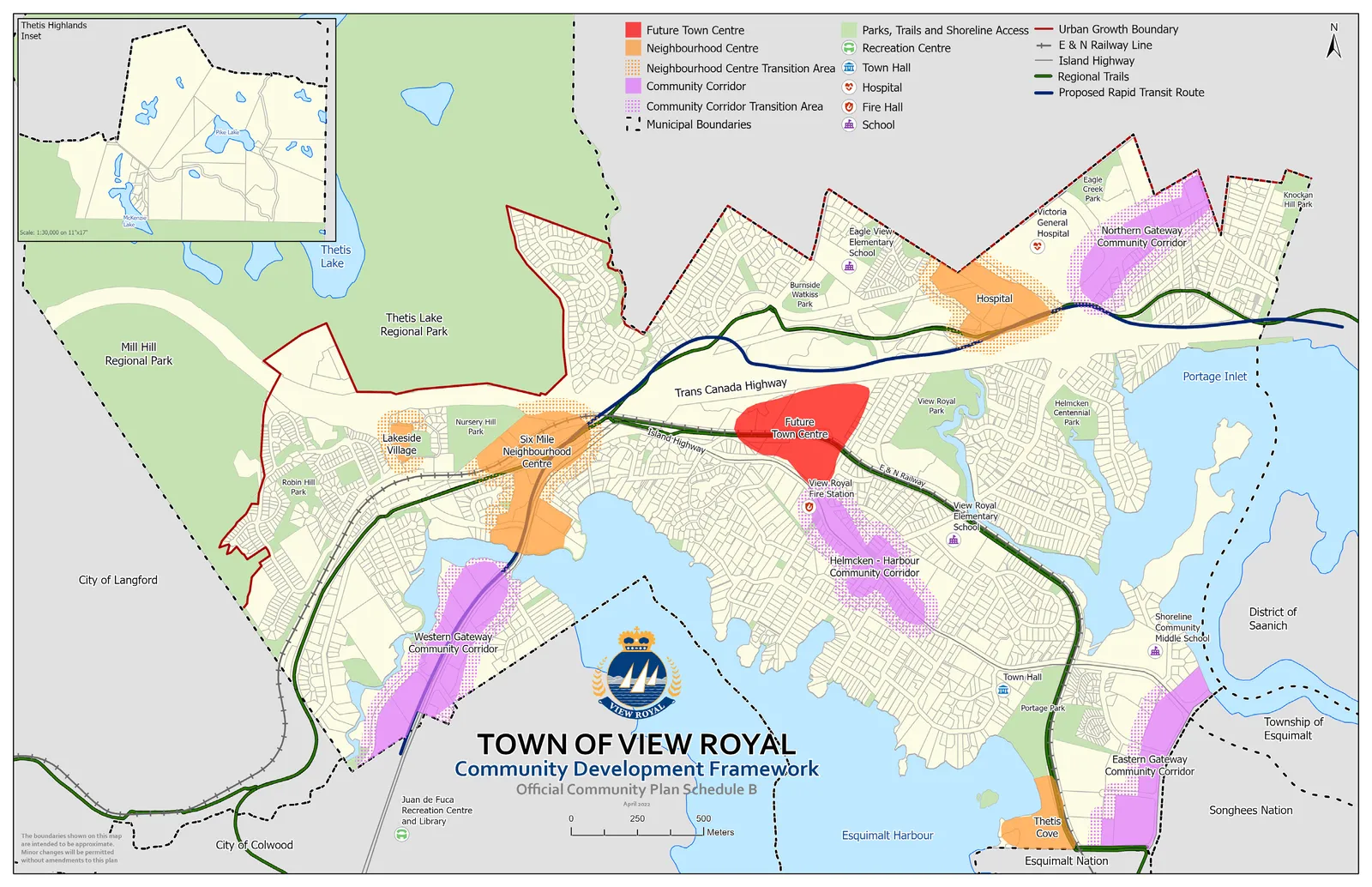 Town of View Royal Community Development Framework map showing land use designations including the future town centre, neighbourhood centres, and community corridors