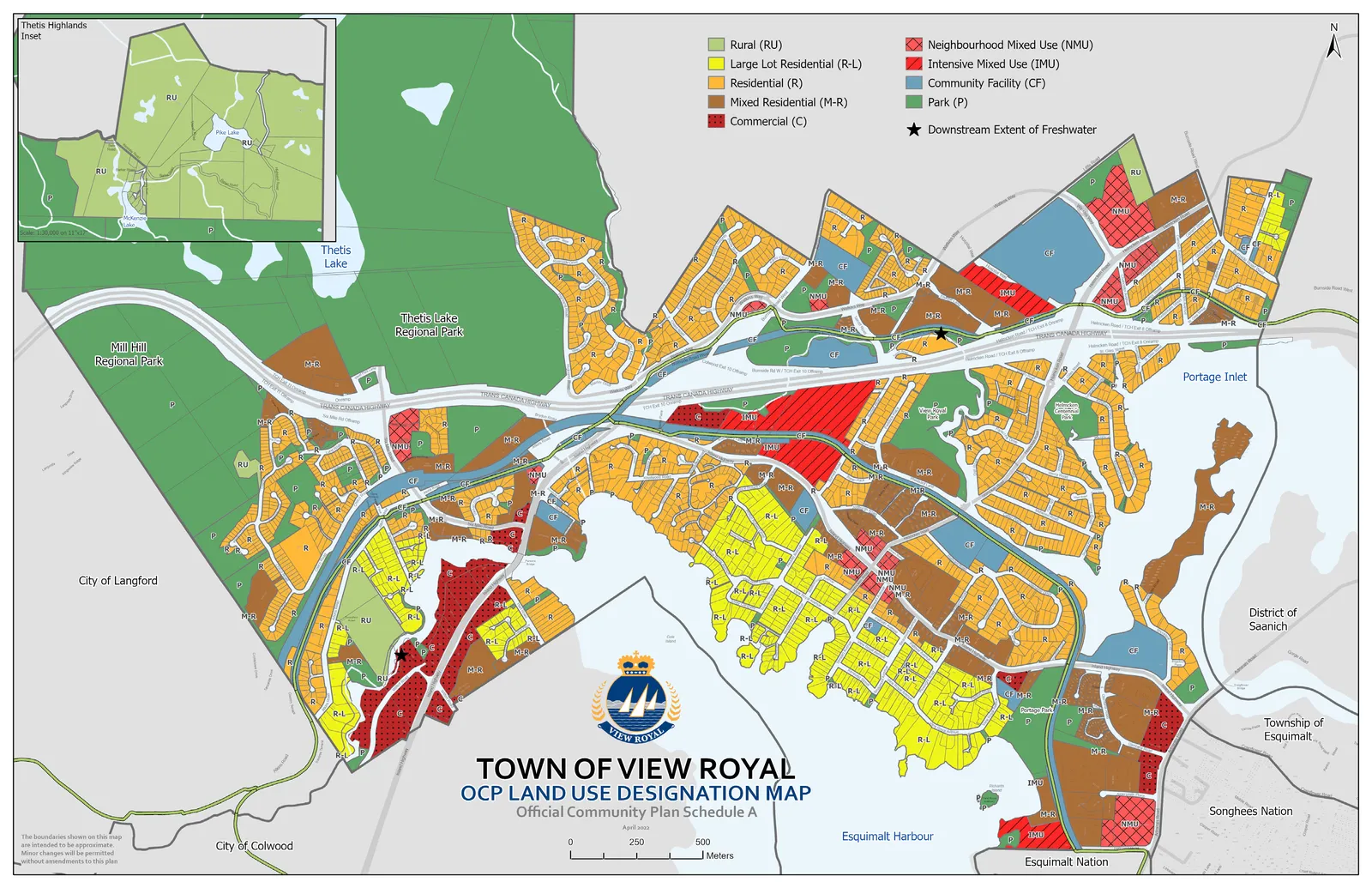 Town of View Royal OCP Land Use Designation Map depicting various zoning classifications such as residential, commercial, and mixed-use