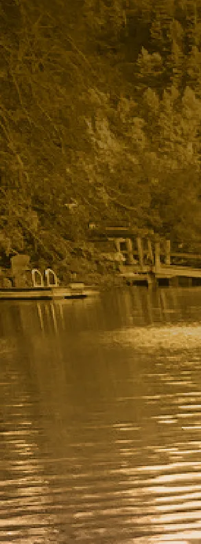 Reflection of shoreline and a dock in the water