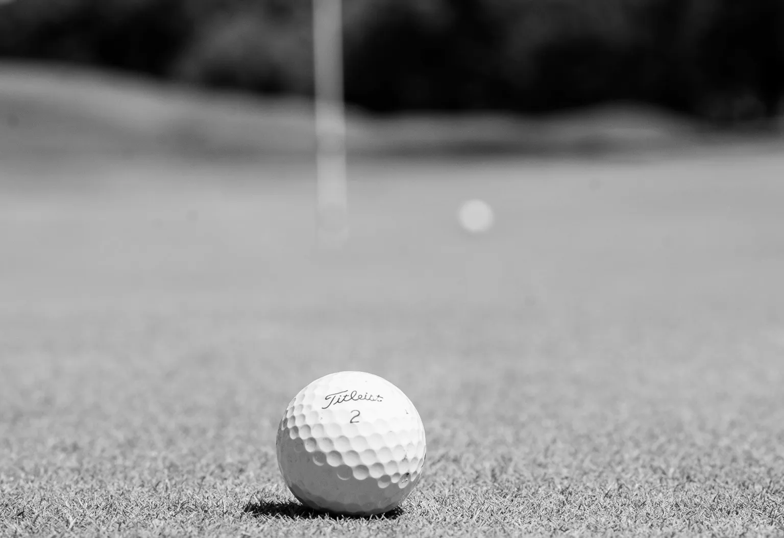 A white golf ball on a green with a flag in the blurred background