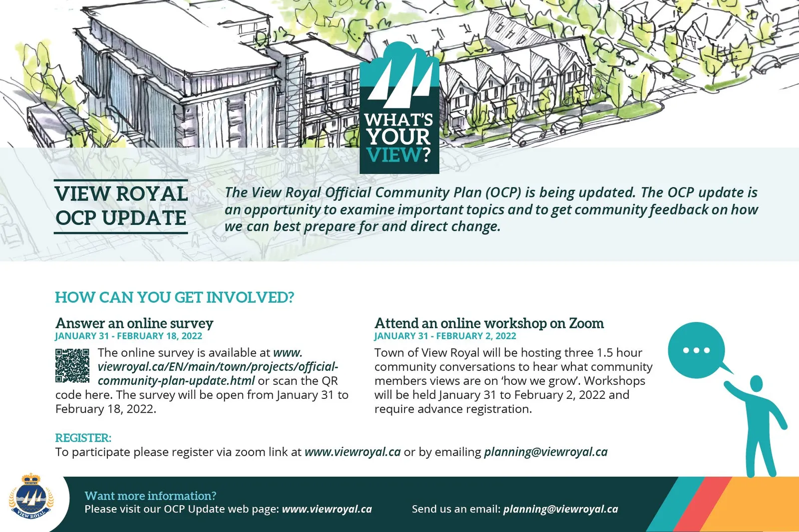 Promotional poster for the View Royal Official Community Plan Update featuring details on online surveys and Zoom workshops
