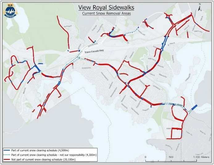 Map of View Royal Sidewalks highlighting current snow removal areas with a color-coded legend