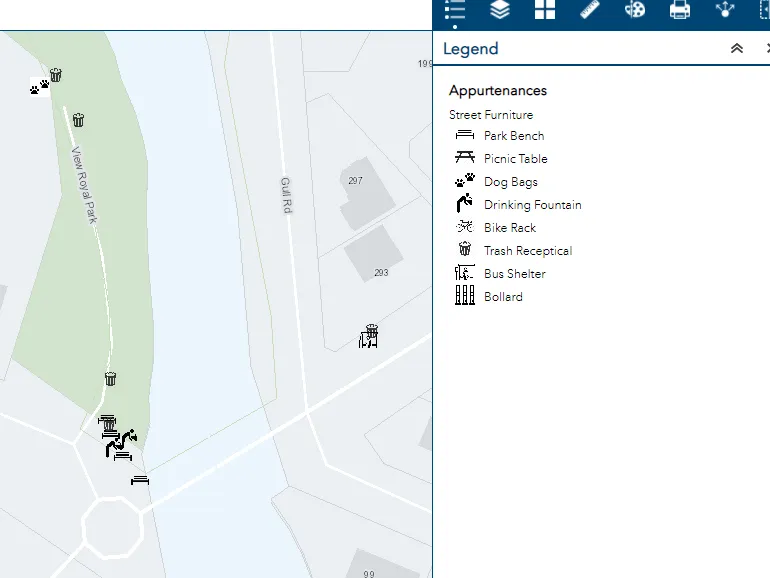 Screenshot of the View Royal GIS portal showing a map area and a legend for street furniture appurtenances like benches, tables, and bins
