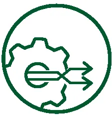 icon of a gear with two arrows pointing out, representing implementation or a process