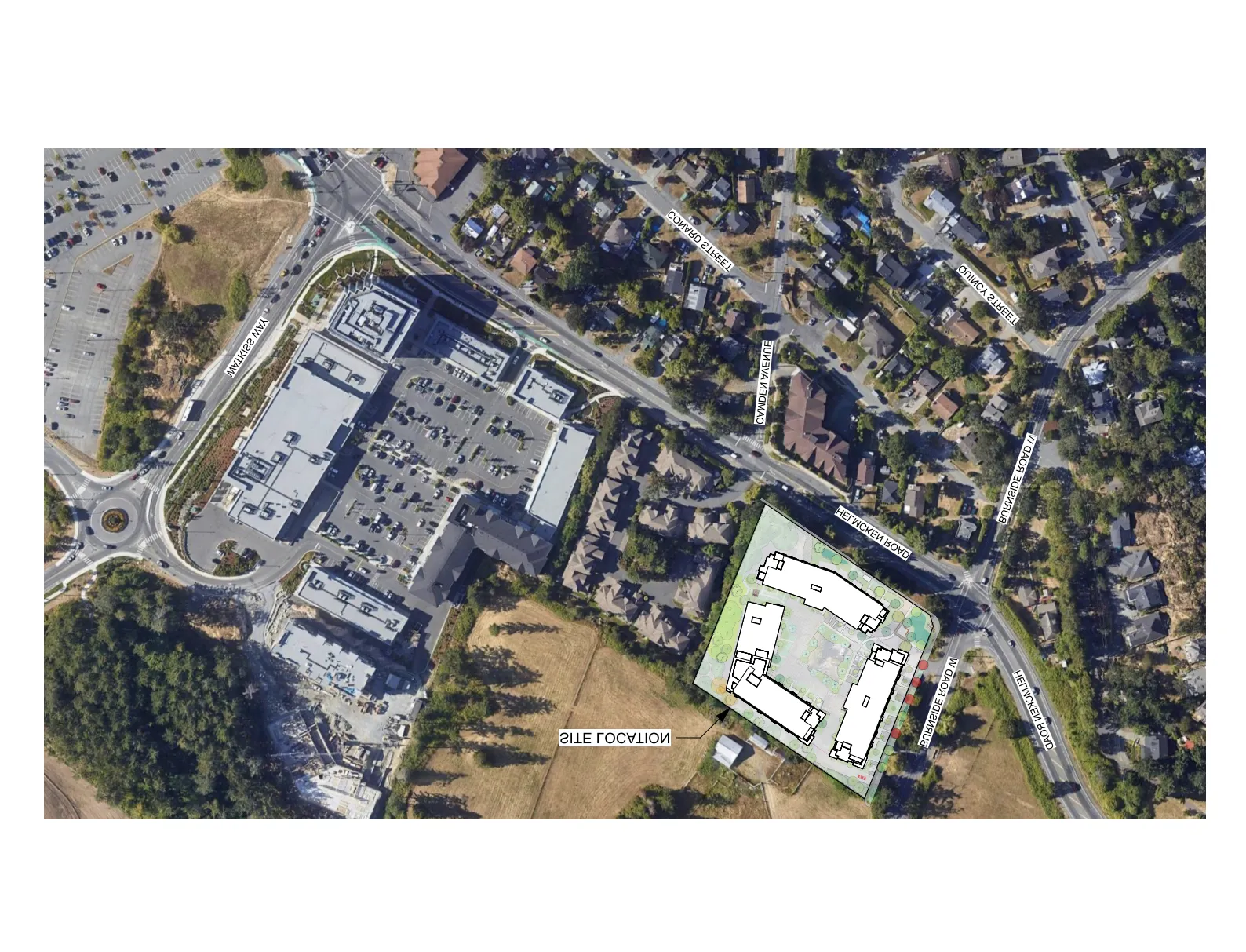 Context Plan - Satellite map showing the development site location at the corner of Helmcken Road and Burnside Road West