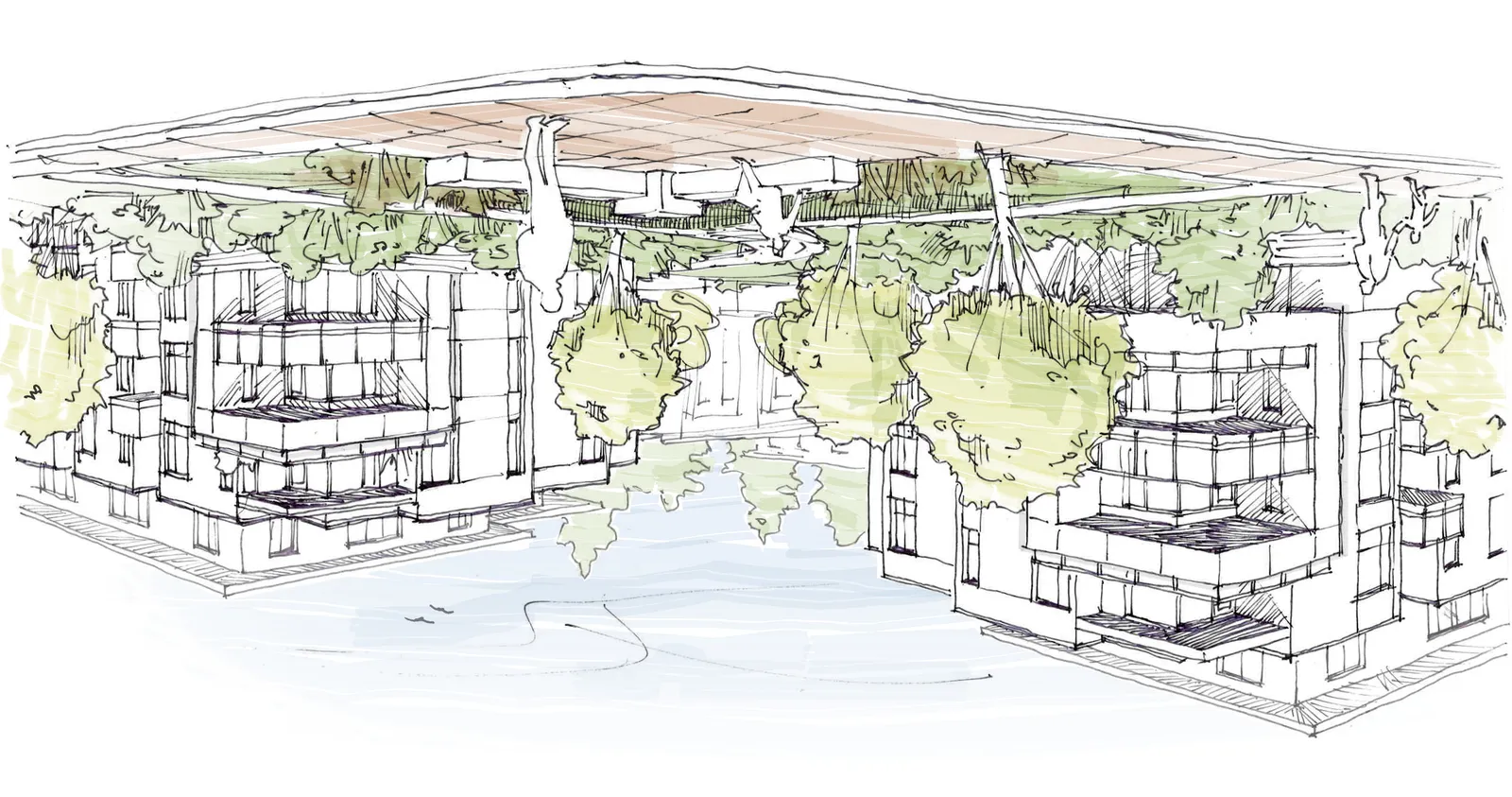 Concept sketch showing a perspective line drawing of building balconies and architectural details