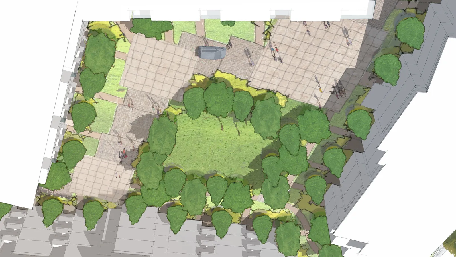 Concept rendering of the central courtyard plan highlighting green spaces and pedestrian walkways