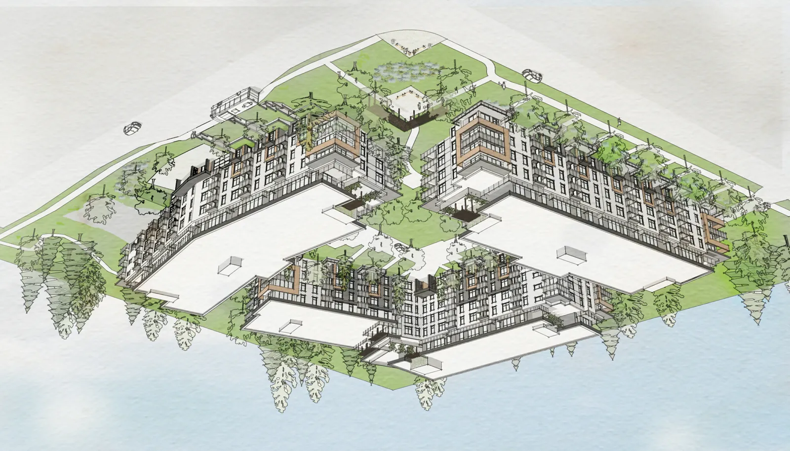 Model View - Aerial view from the South-East of the 3D site model showing three main buildings surrounding a central courtyard
