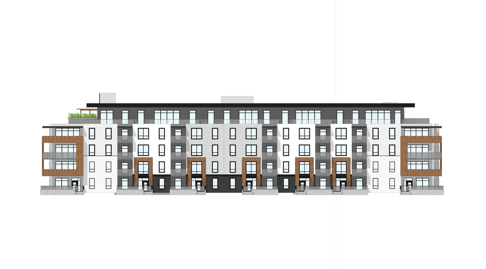 Building 3 - North Elevation rendering showing architectural features, levels, and material callouts.