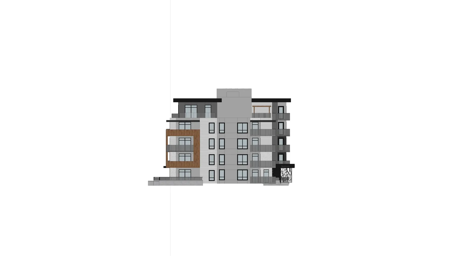 Building 3 - South Elevation rendering showing architectural features, levels, and material callouts.
