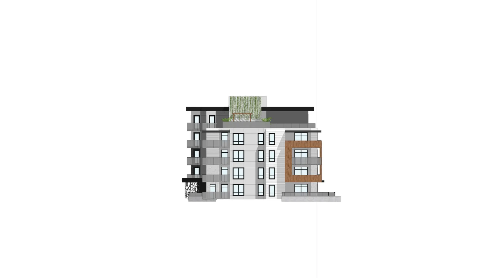 Building 3 - East Elevation rendering showing architectural features, levels, and material callouts.