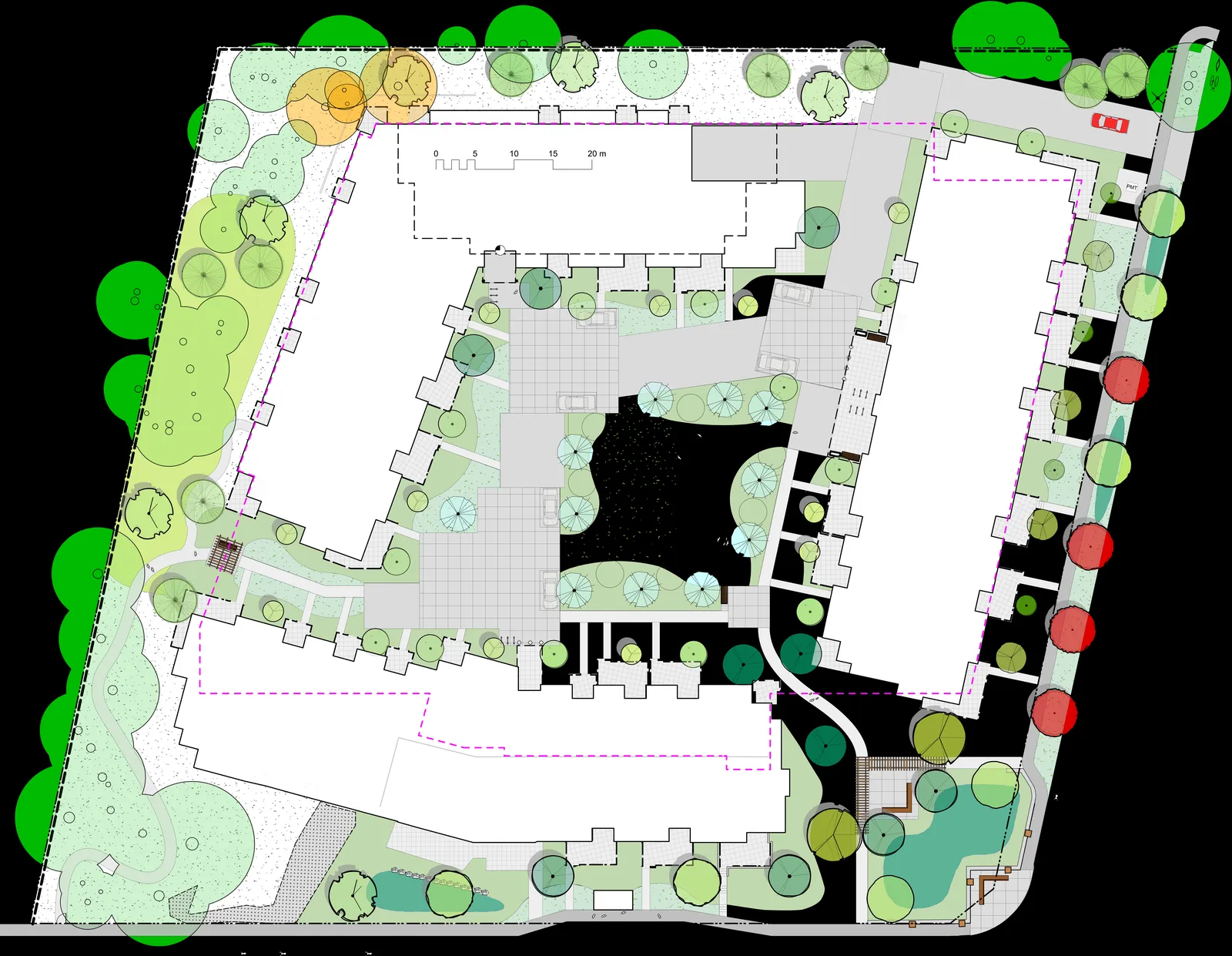 Detailed site plan illustrating the proposed building footprints, landscaped areas, pedestrian paths, and property boundaries.