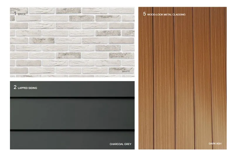 Material and texture board showing brick, siding, and wood-look cladding