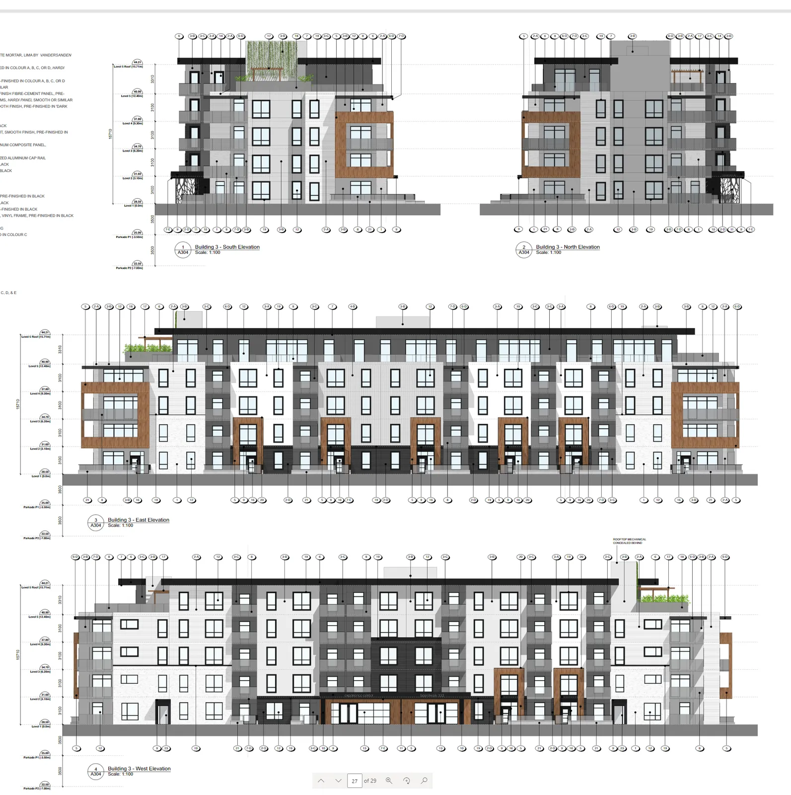 Detailed architectural elevations of the building facades