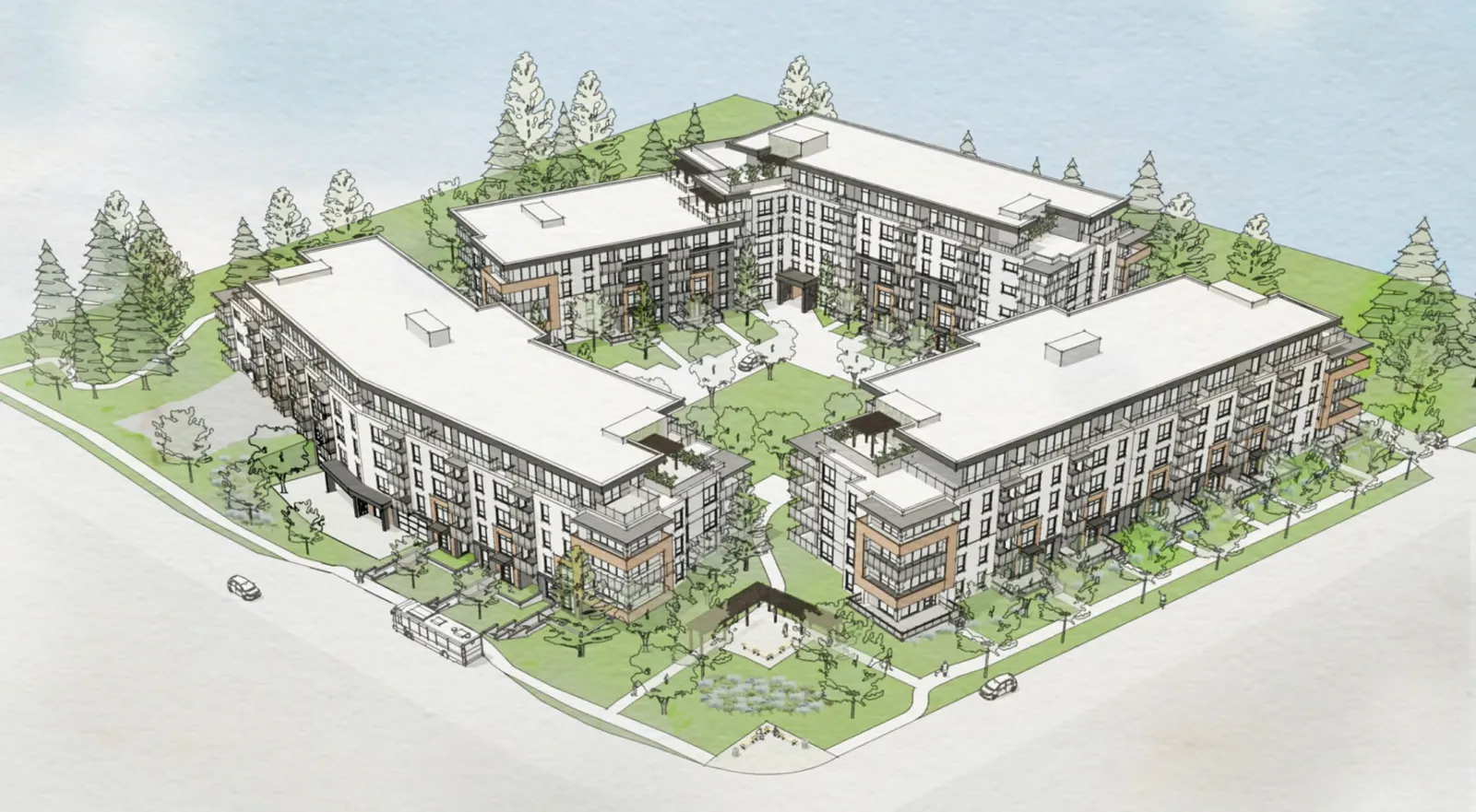 Artistic rendering showing a perspective view of the proposed multi-building residential development