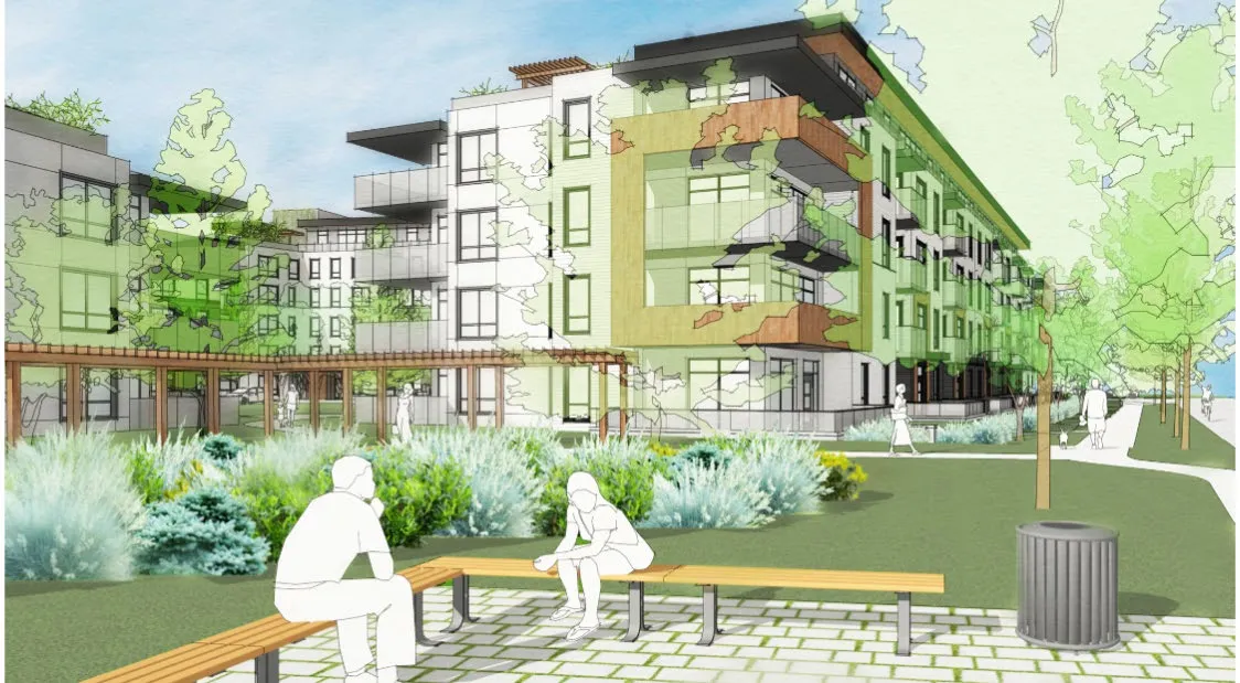 Colored rendering of a courtyard seating area and building exterior
