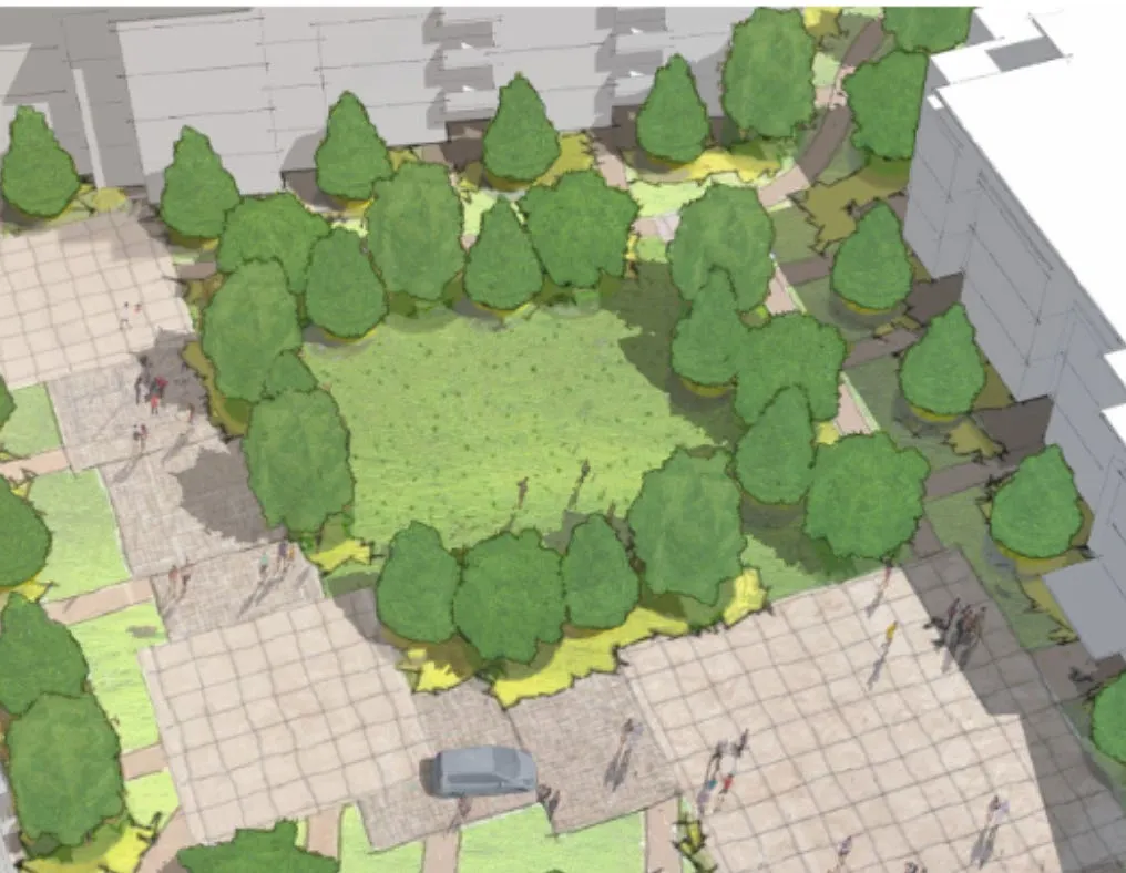 Rendering of the central courtyard greenspace and 'woonerf' circulation area