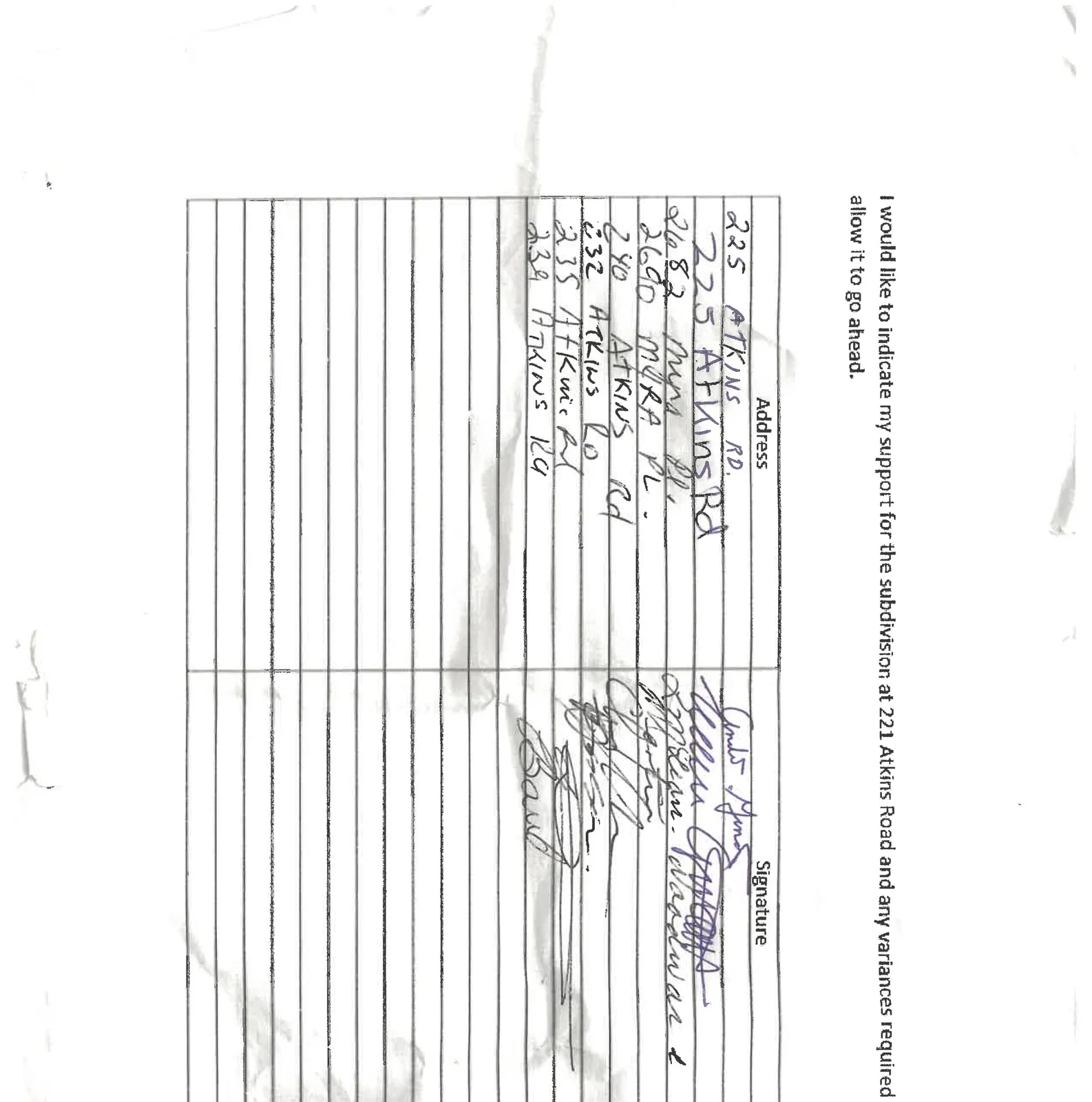 Petition form with a table for addresses and signatures