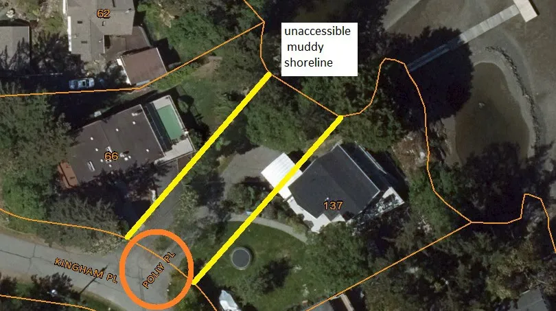 Aerial map view of Polly Place road end area labeled with "unaccessible muddy shoreline"