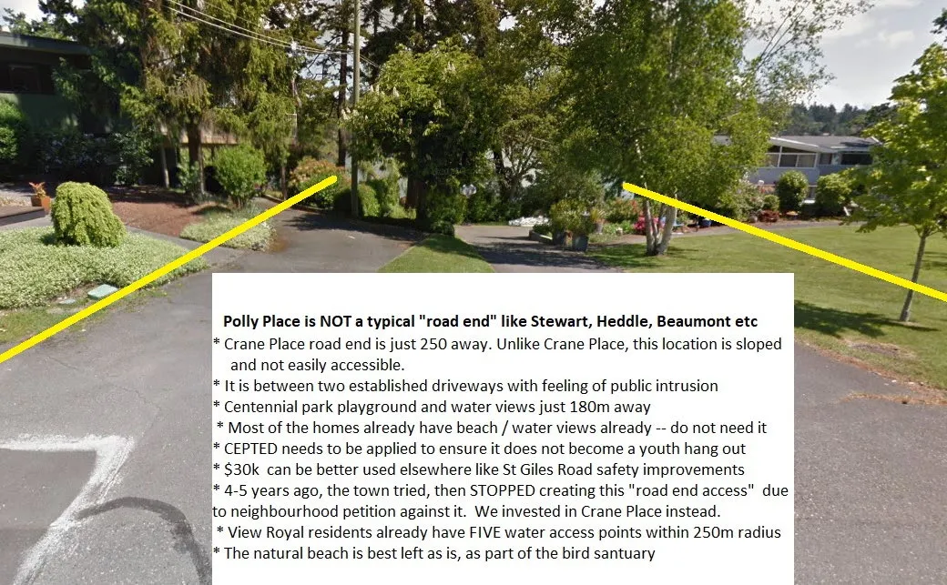 Street-level view of Polly Place road end showing its sloped nature and proximity to residential driveways