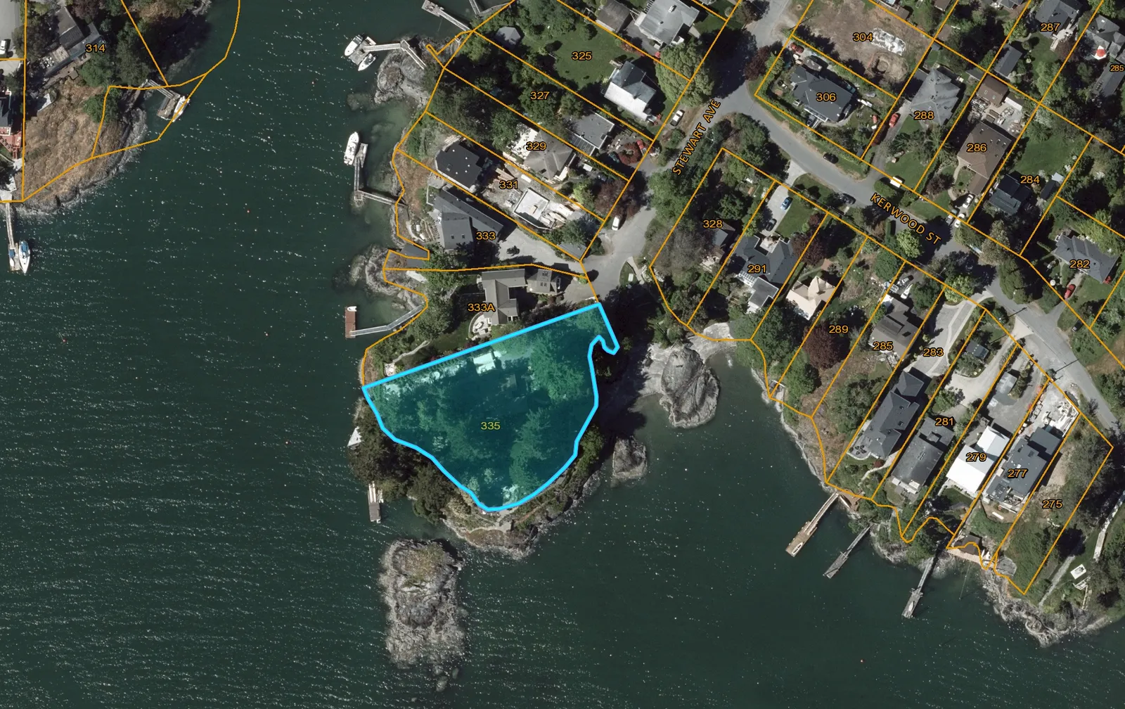 Aerial map of 335 Stewart Avenue and surrounding parcels with property boundaries and address labels
