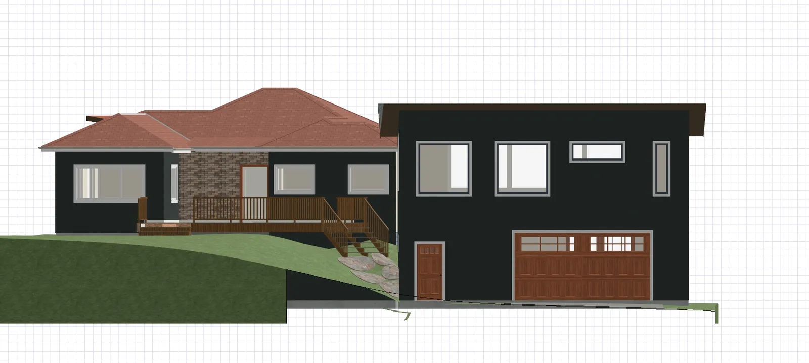 Front elevation architectural rendering of a house with a dark grey exterior, a red-tiled roof on the left side, a flat roof on the right, and a wooden garage door.