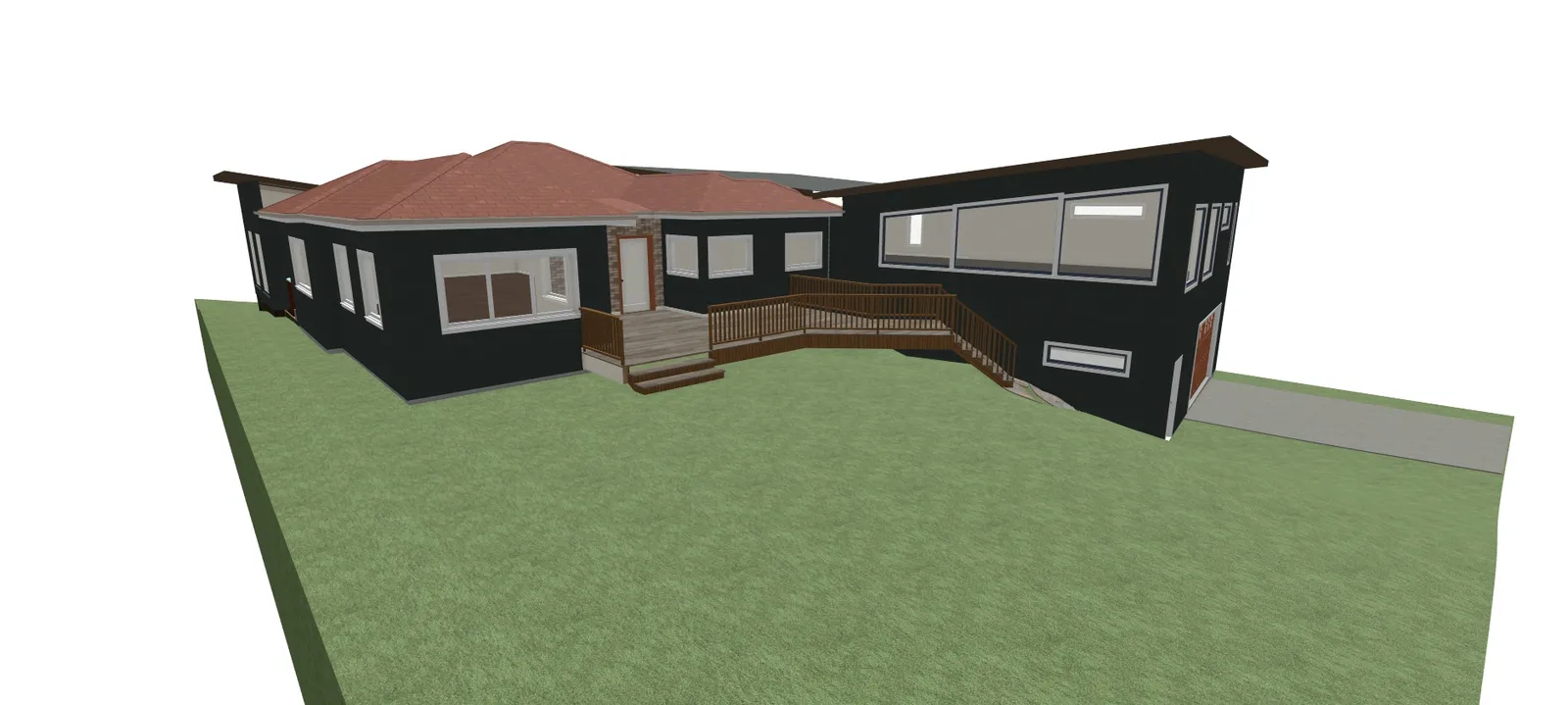 Perspective architectural rendering of the house from a front-left angle, showing a wooden deck and stairs.