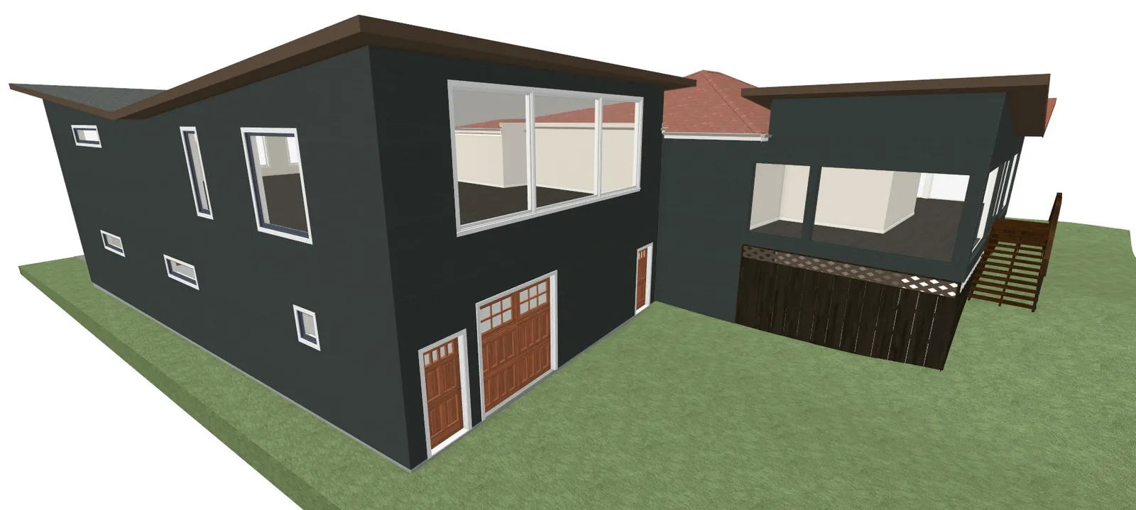 Perspective architectural rendering of the house from a rear-right angle, showing the garage level and a wooden balcony.