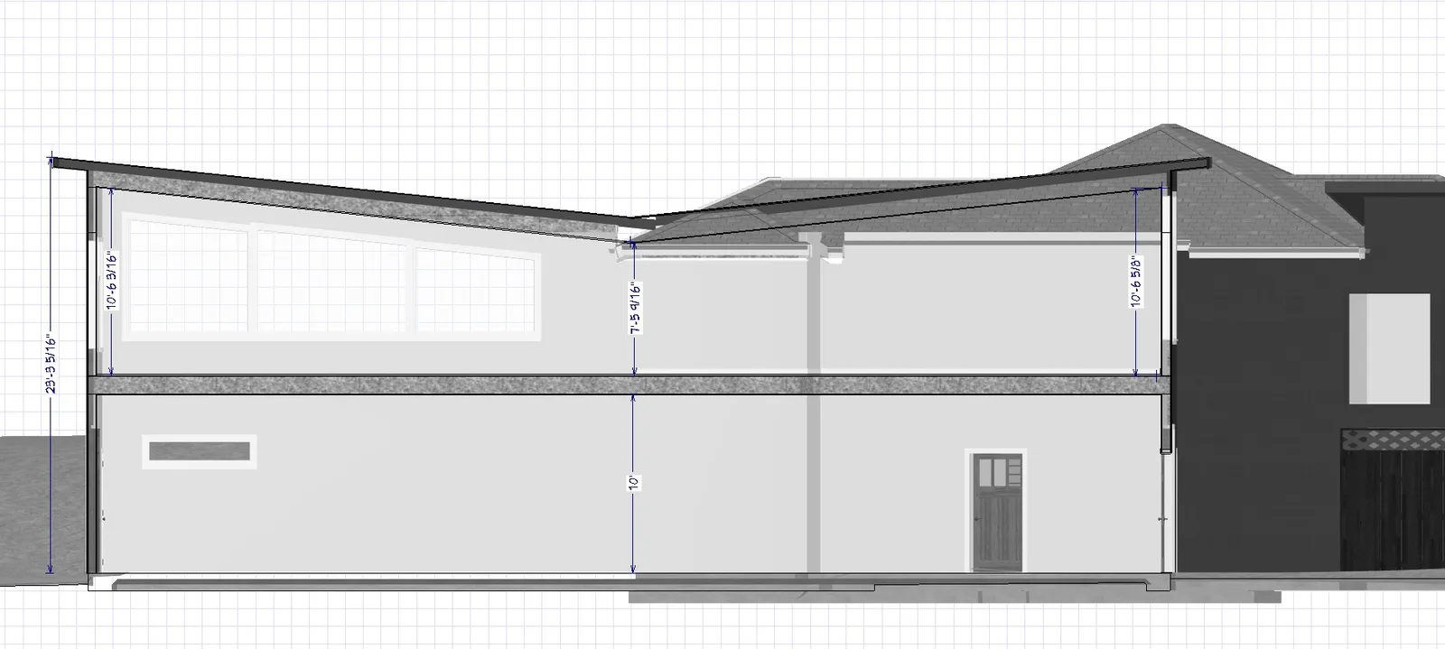 Architectural cross-section drawing showing building heights, interior floor levels, and roof slopes