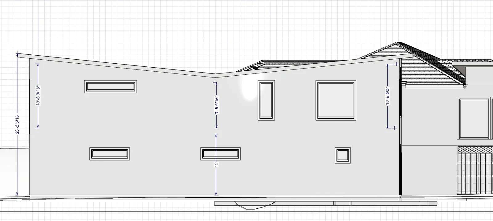Architectural elevation drawing showing exterior window arrangements and roof profiles