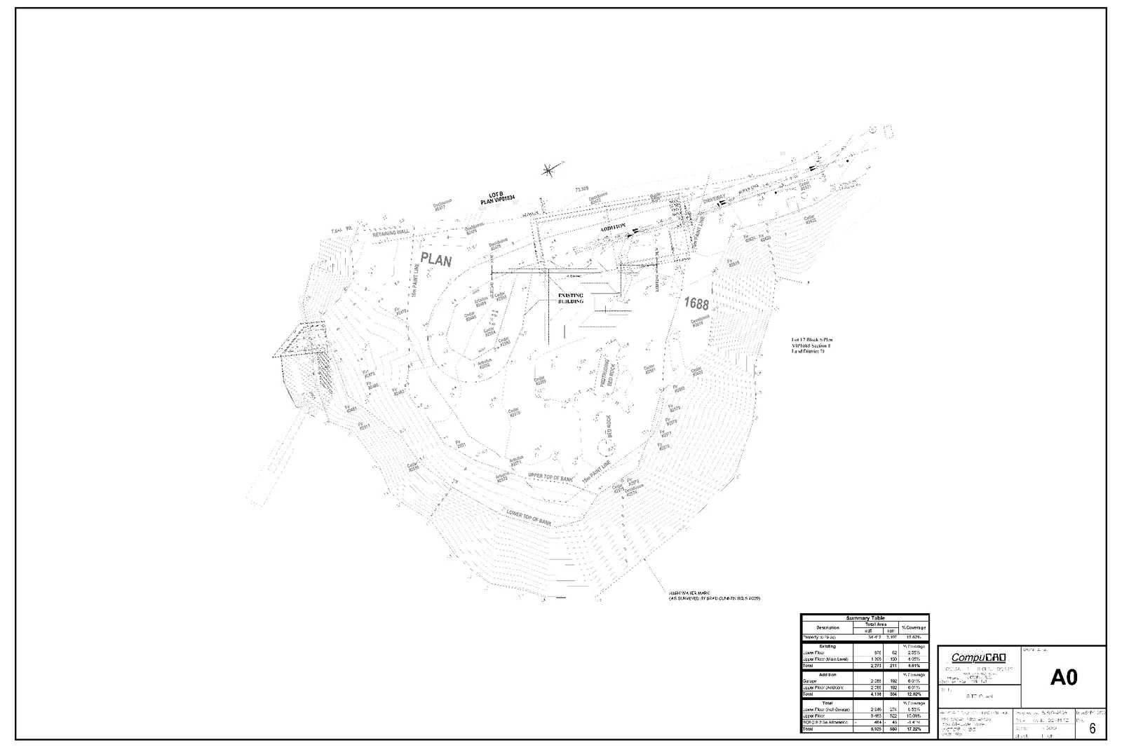 Survey Site Plan for 335 Stewart Avenue showing property lines, topographical contours, existing building, proposed addition, and tree protection zones.