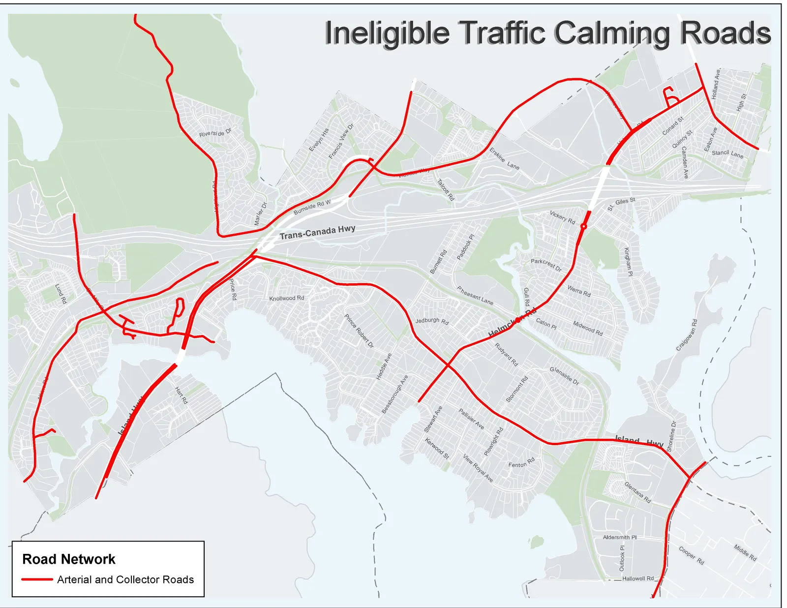 Map titled "Ineligible Traffic Calming Roads" showing a road network with various streets labeled. Arterial and collector roads are highlighted with thick red lines.