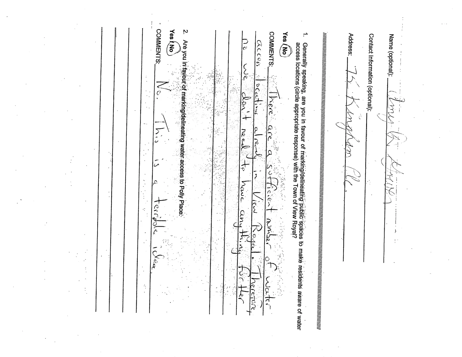 Public feedback form regarding water access marking and delineation