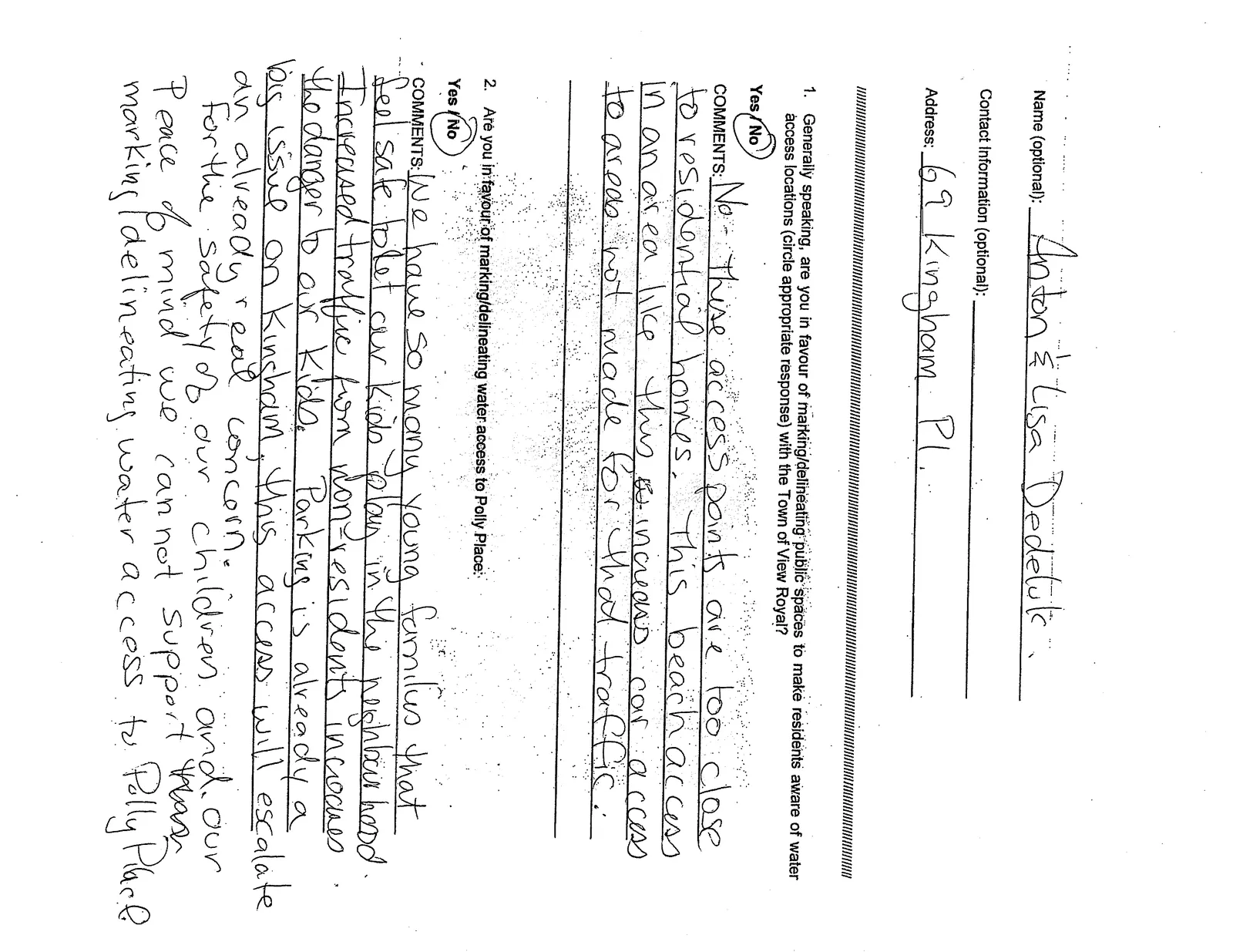 Feedback form regarding marking/delineating public spaces and water access locations