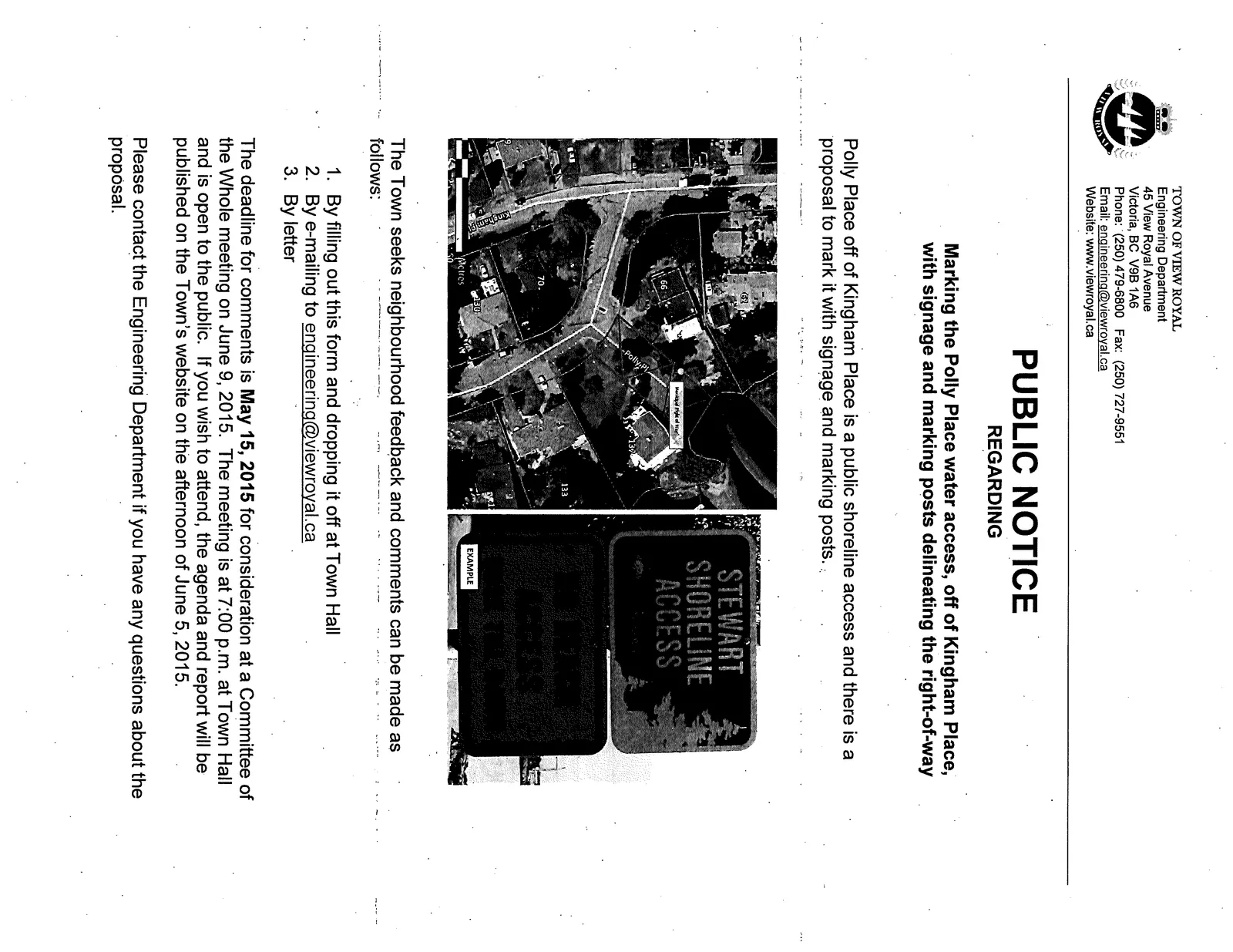 Aerial map showing Polly Place and Kingham Place right-of-way, and an example photo of a Stewart Shoreline Access sign