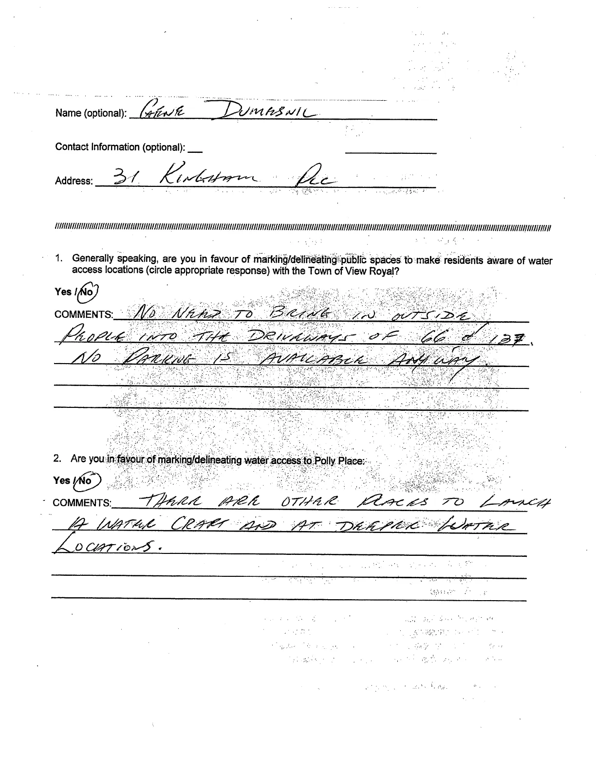 Completed survey form regarding water access locations in the Town of View Royal