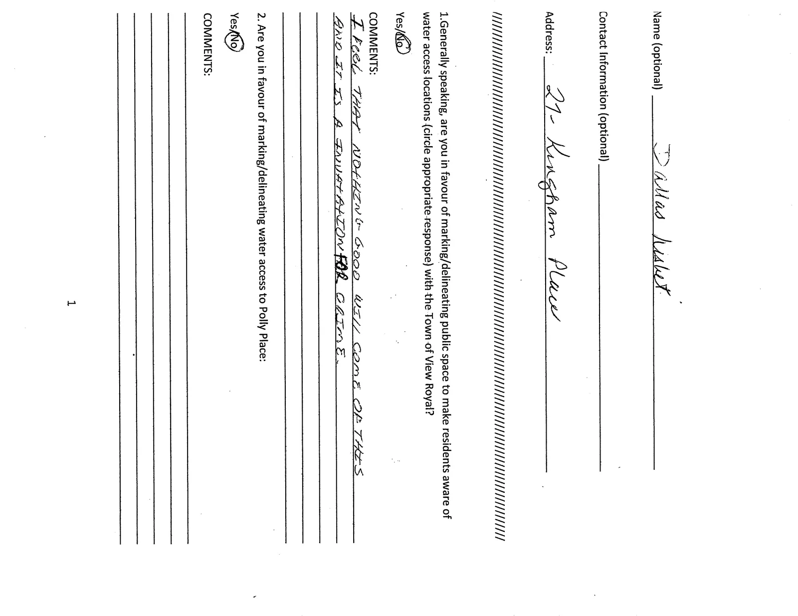 Completed public survey form regarding water access locations