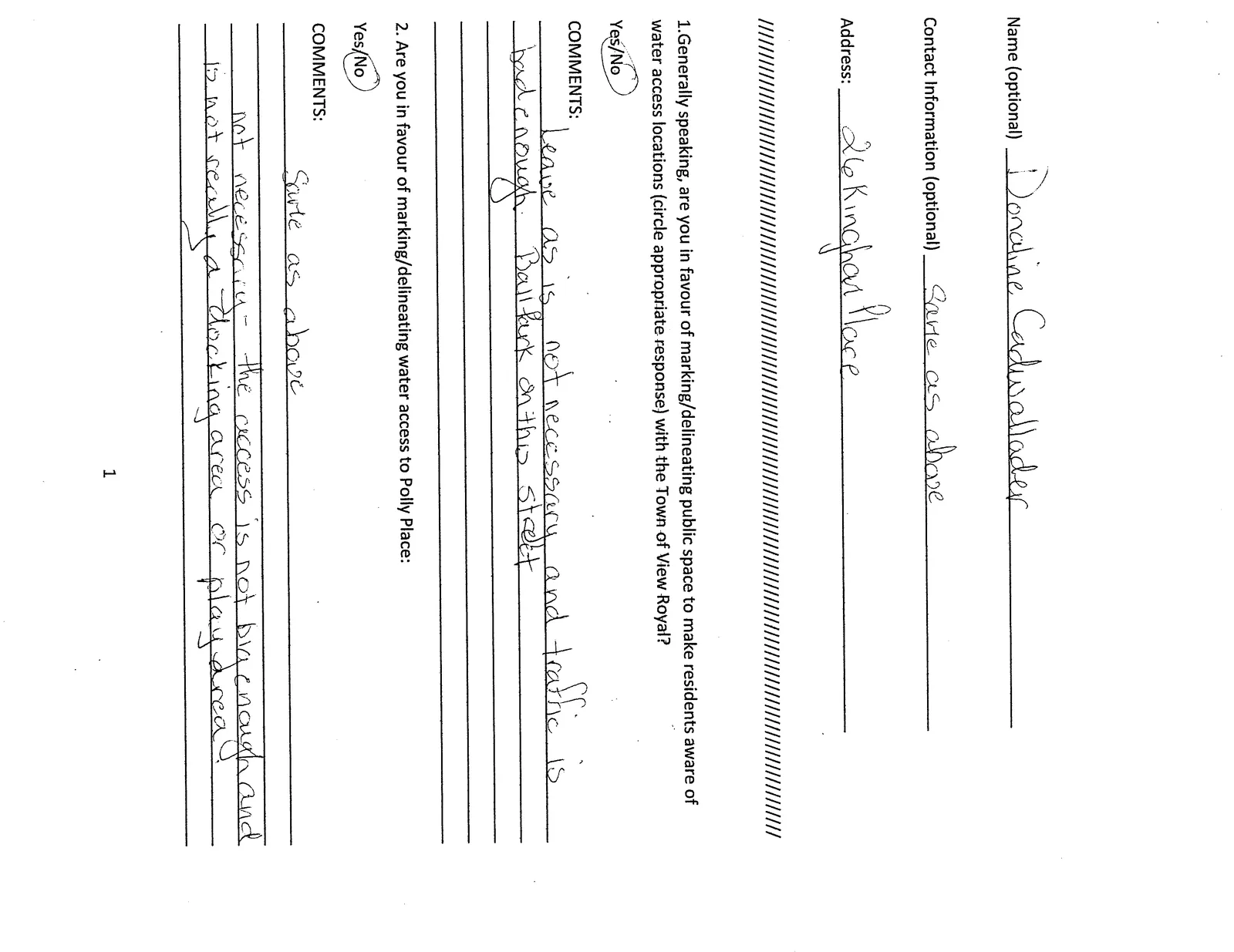 Survey form regarding Town of View Royal water access locations