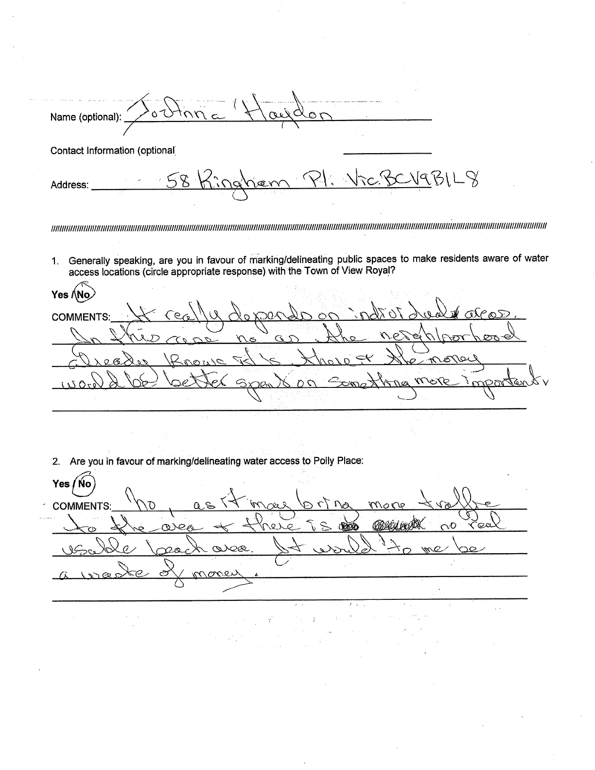 Completed survey form regarding water access delineations in View Royal.