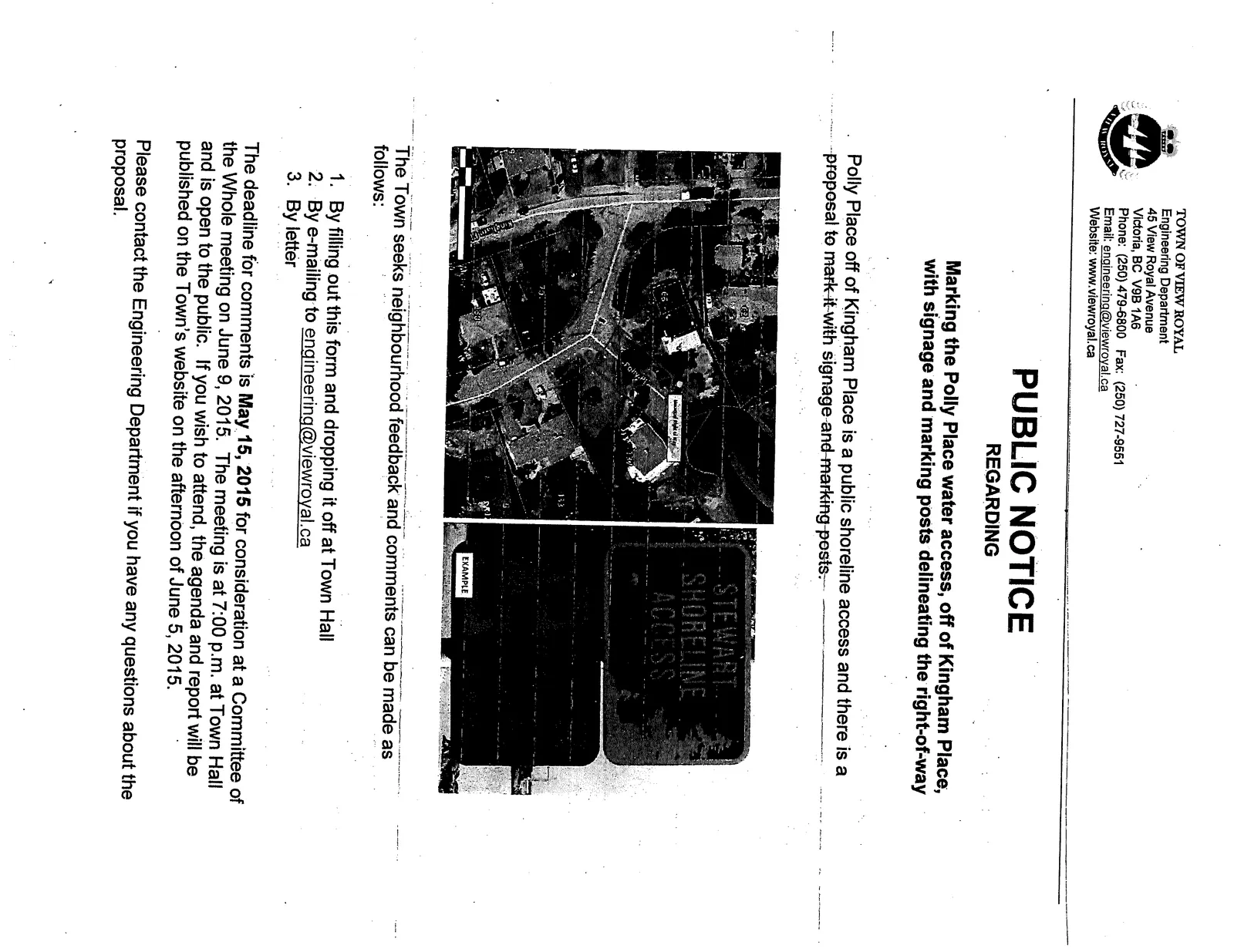 Aerial map of Polly Place water access area with labels for Kingham Place and proposed right-of-way