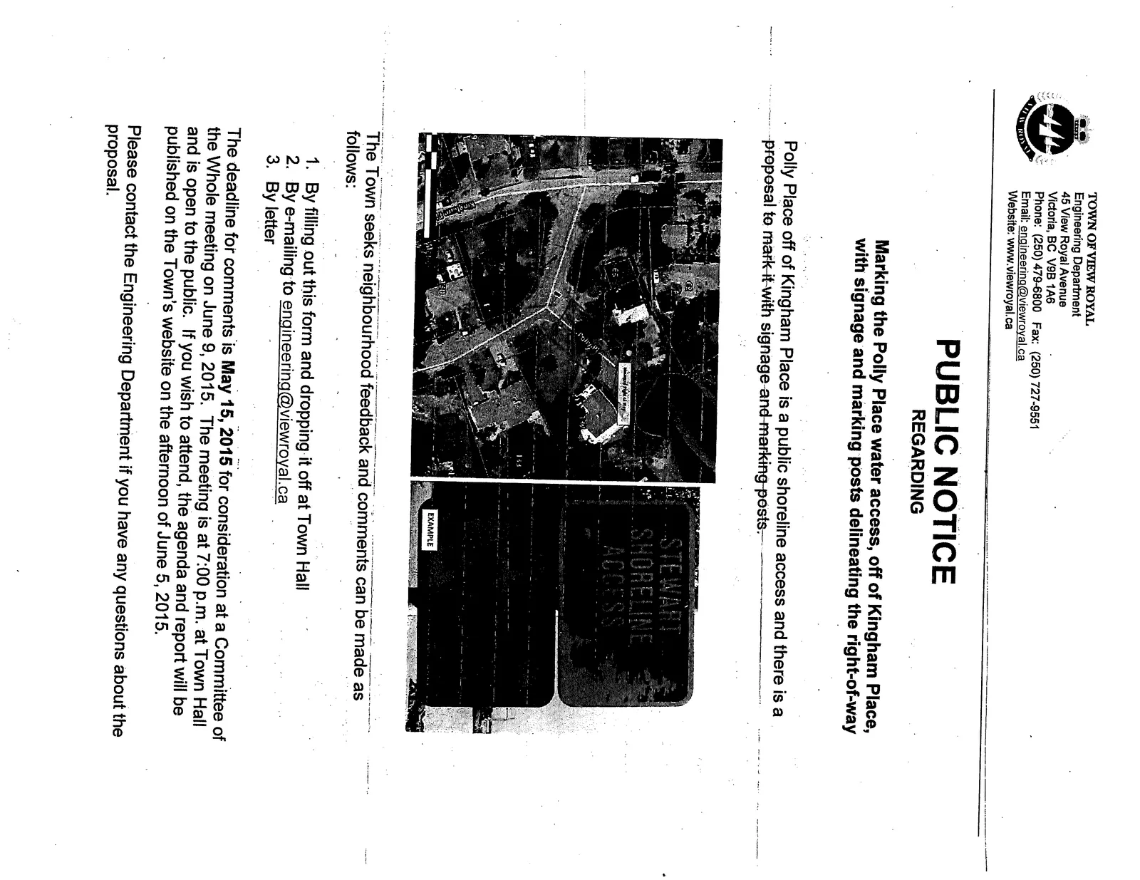 Aerial map of Polly Place area and an example photo of "STEWART SHORELINE ACCESS" signage