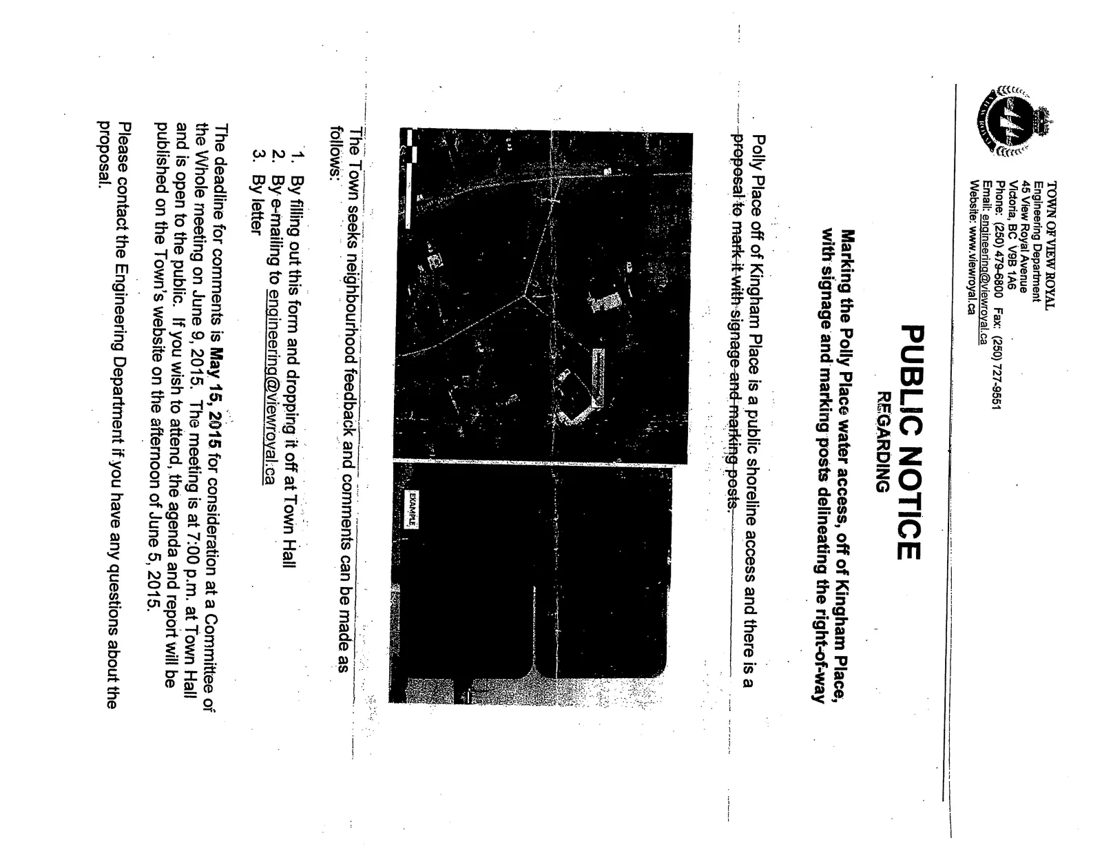 Aerial map of the Polly Place and Kingham Place area and an example photo of a delineator marking post and signage