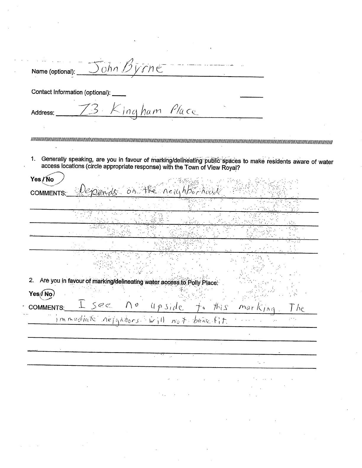 Completed survey form regarding public water access delineation