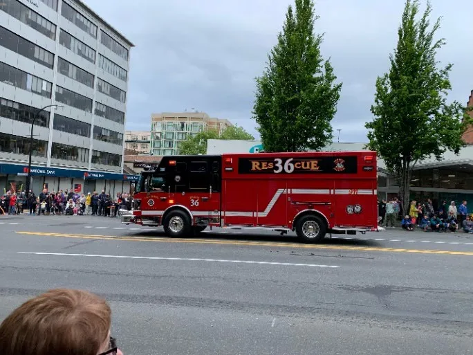 Side view of Rescue 36 fire truck in parade