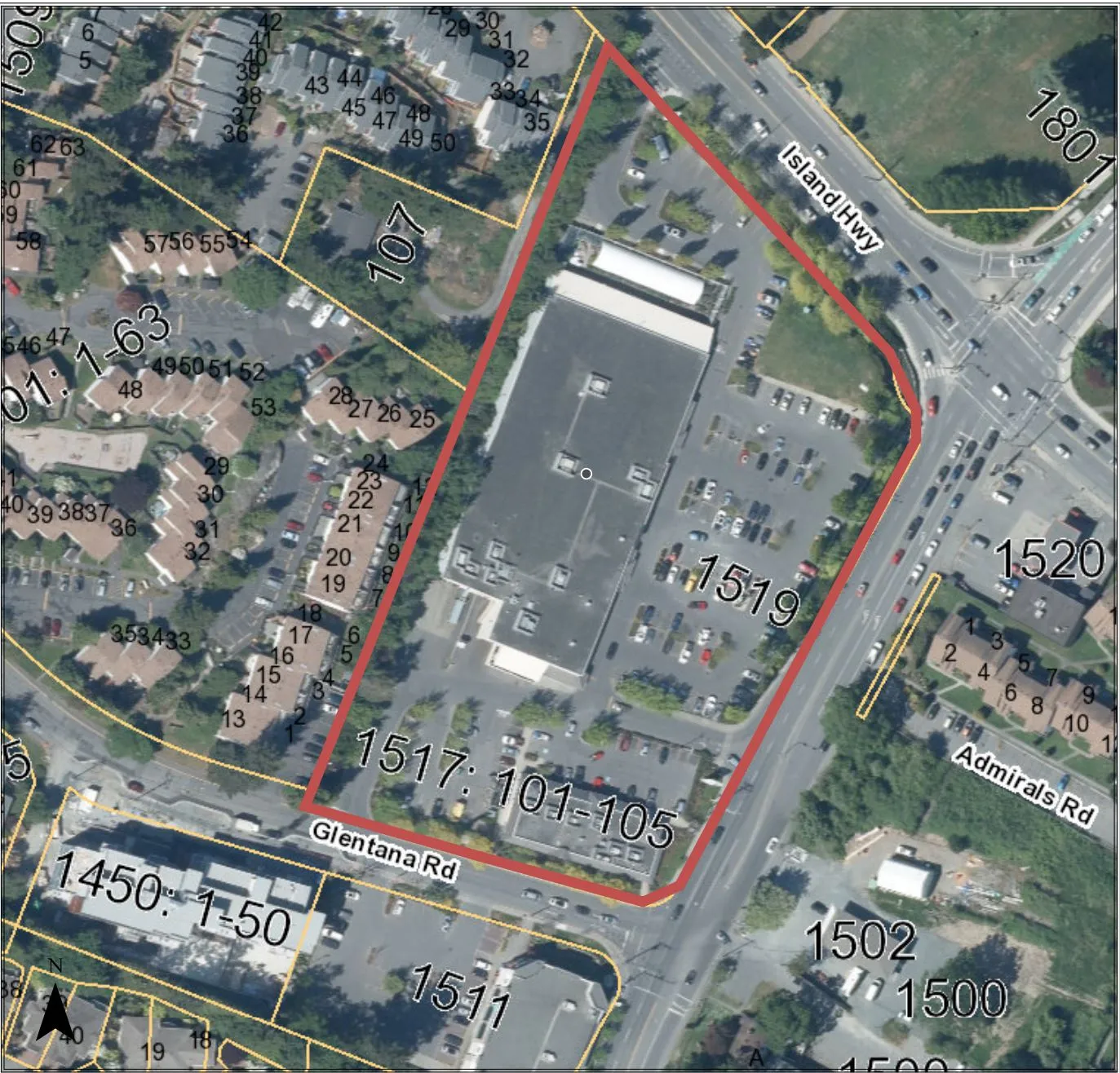 Aerial map showing a property outlined in red, encompassing addresses 1517: 101-105 and 1519, bounded by Island Hwy, Admirals Rd, and Glentana Rd.