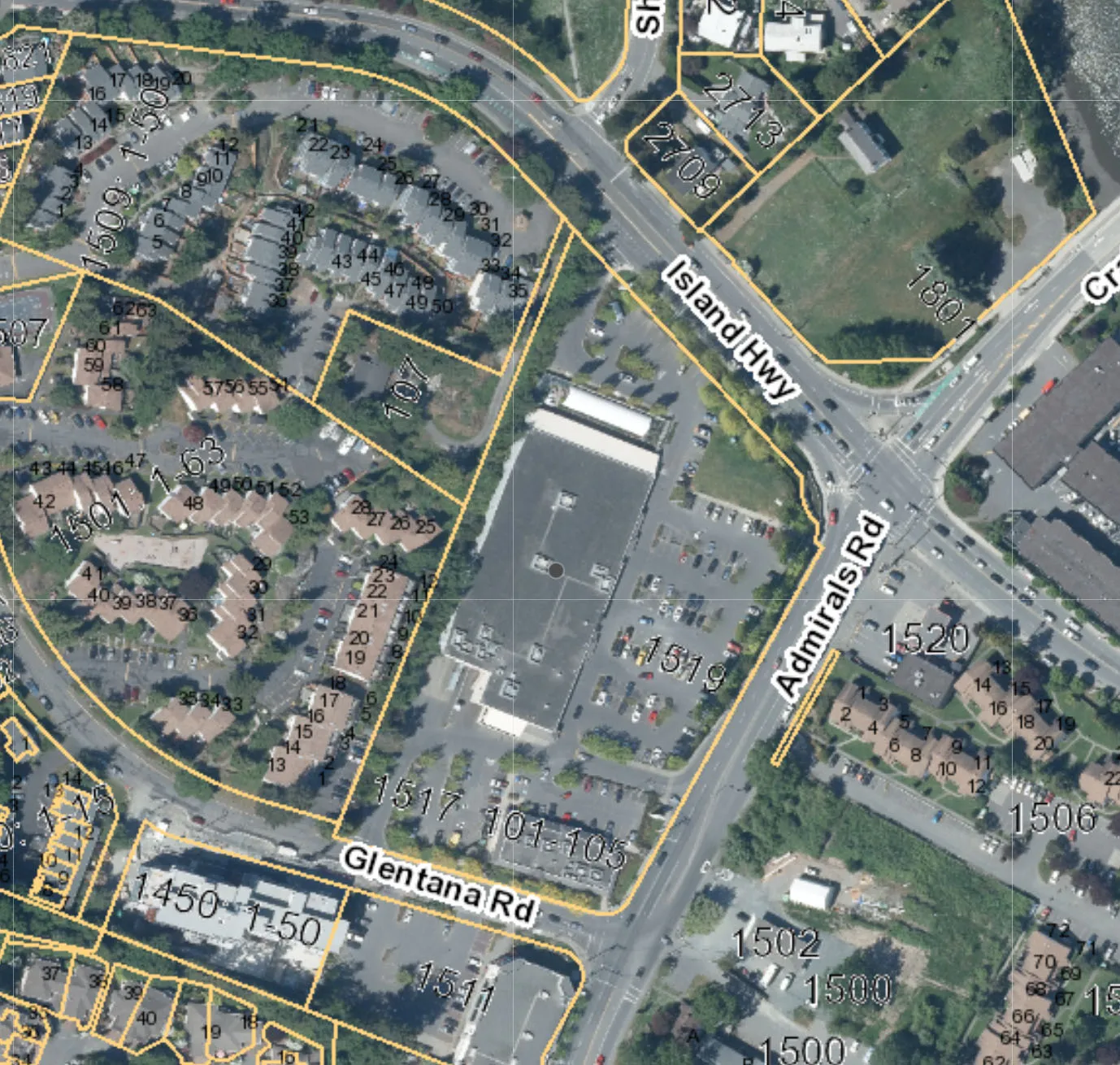 Aerial map of the site at 1519 Admirals Road with surrounding neighborhood context