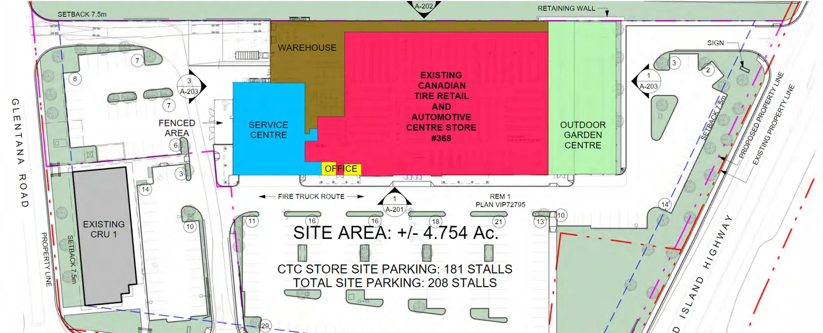 Existing site plan showing the layout of retail, warehouse, service centre, and garden centre areas