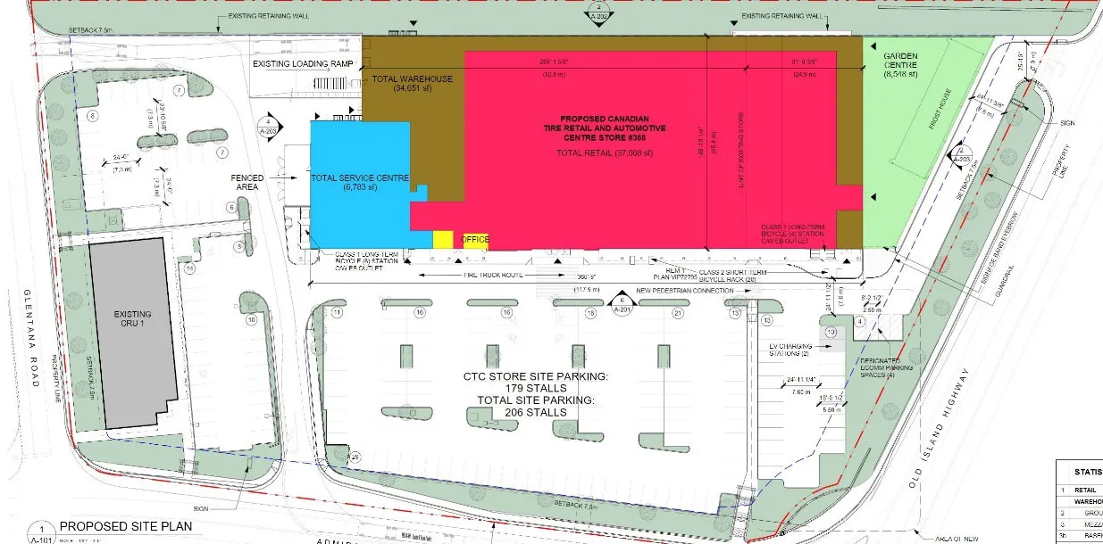 Proposed site plan showing new retail/warehouse space, garden centre, and parking layout