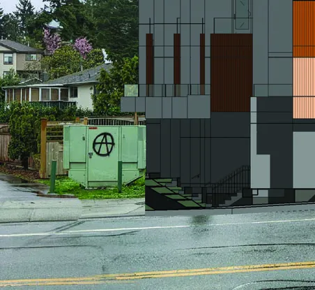Collage of four 3D perspective renderings of the development