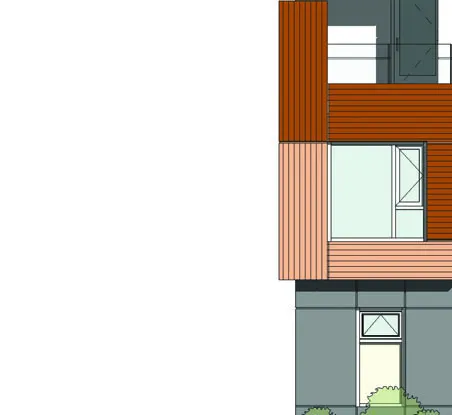 Upper floor wood-look paneling detail